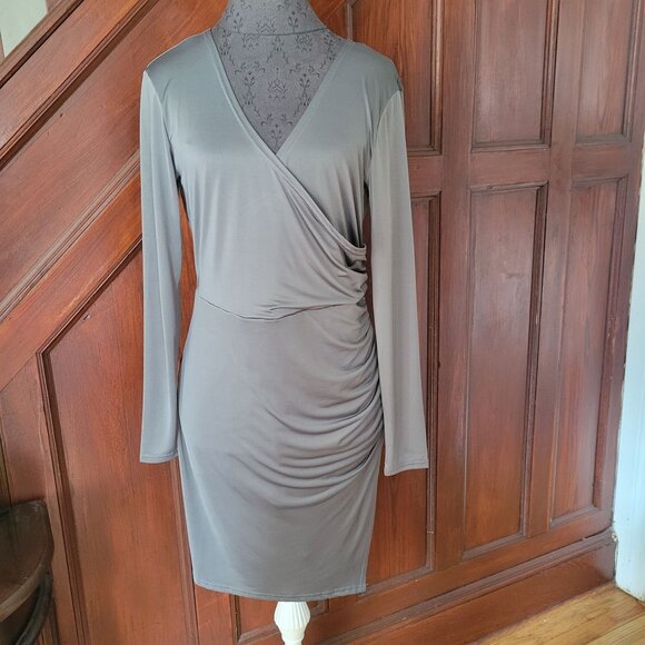 Next Question Womens Long Sleeve Wrap Dress Gray Ruched  Stretchy Knee Length Si - Picture 1 of 7